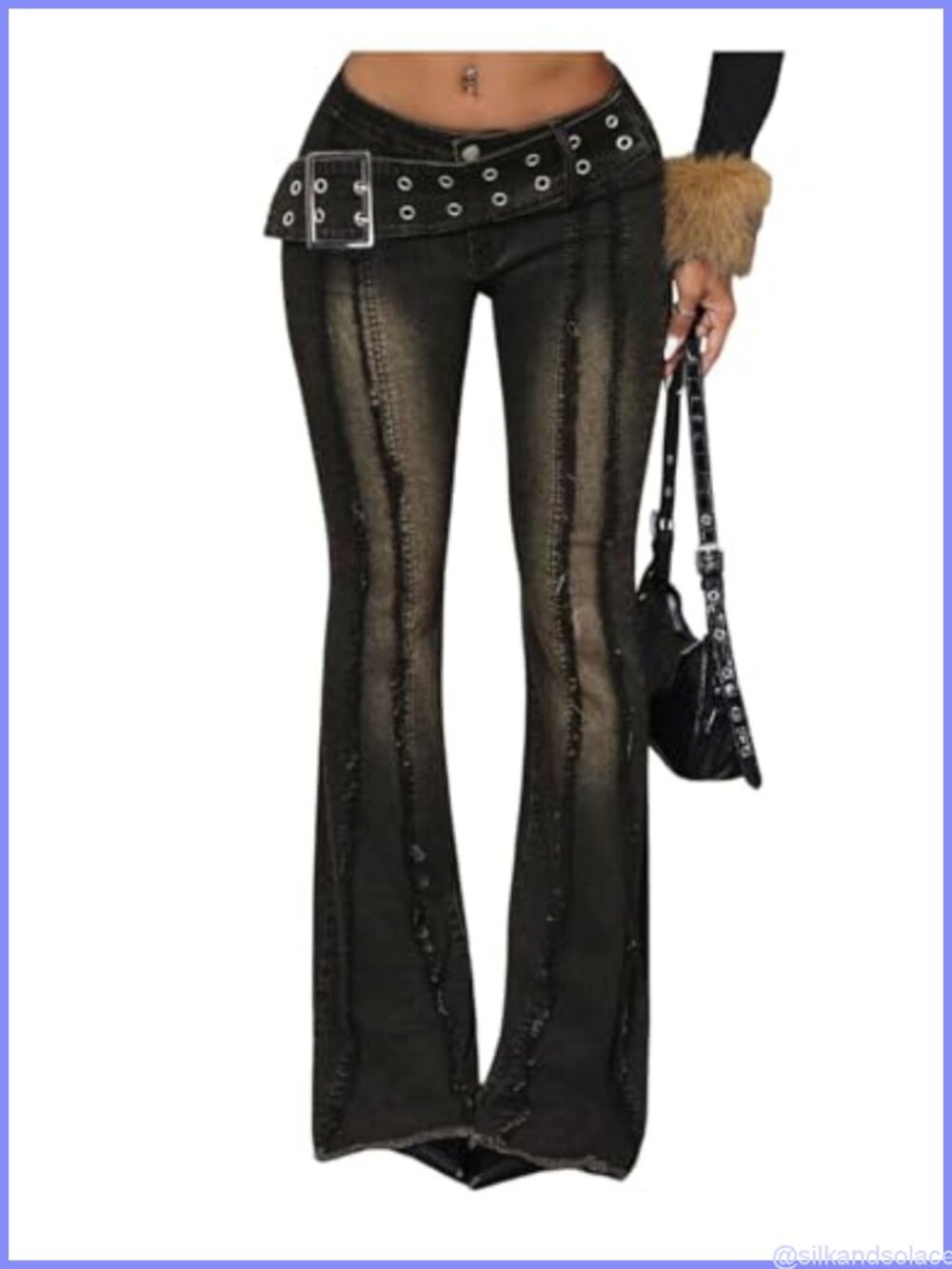 WDIRARA Womens Y2K Grommet Eyelet Buckle Belted Flare Jeans Frayed Hem Low Rise